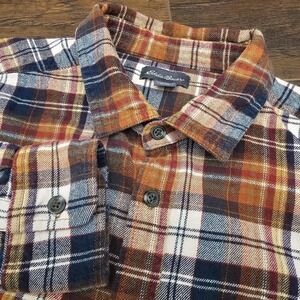 Eddie Bauer Men's XL‎ Orange Red Button Down Long Sleeve Plaid Flannel